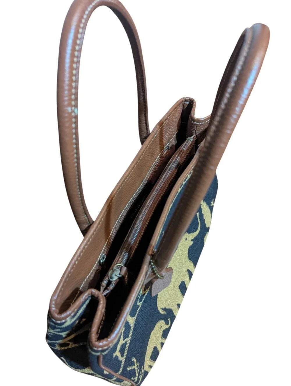 J McLaughlin Brown & Black Elephant Pattern Safarib Tapestry Tote Satchel Bag